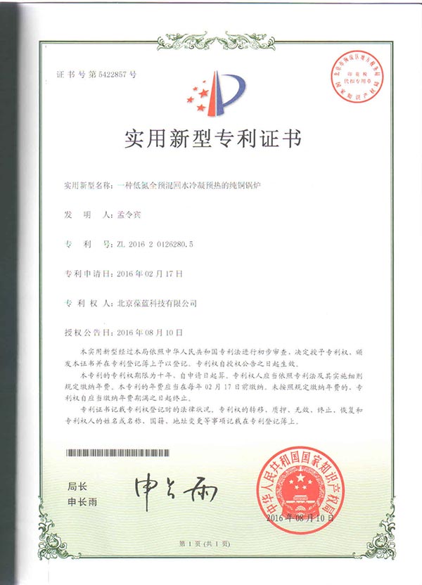 葆藍專低氮銅管鍋爐 專利技術(shù)